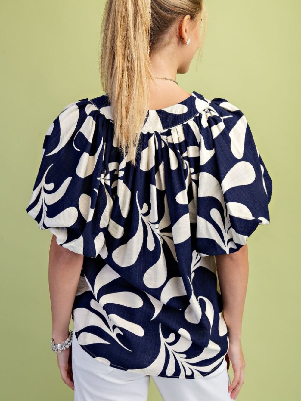 Printed Slit Neck Top with Short Balloon Sleeves and Ric-Rac Trim Details - Picture 8 of 9